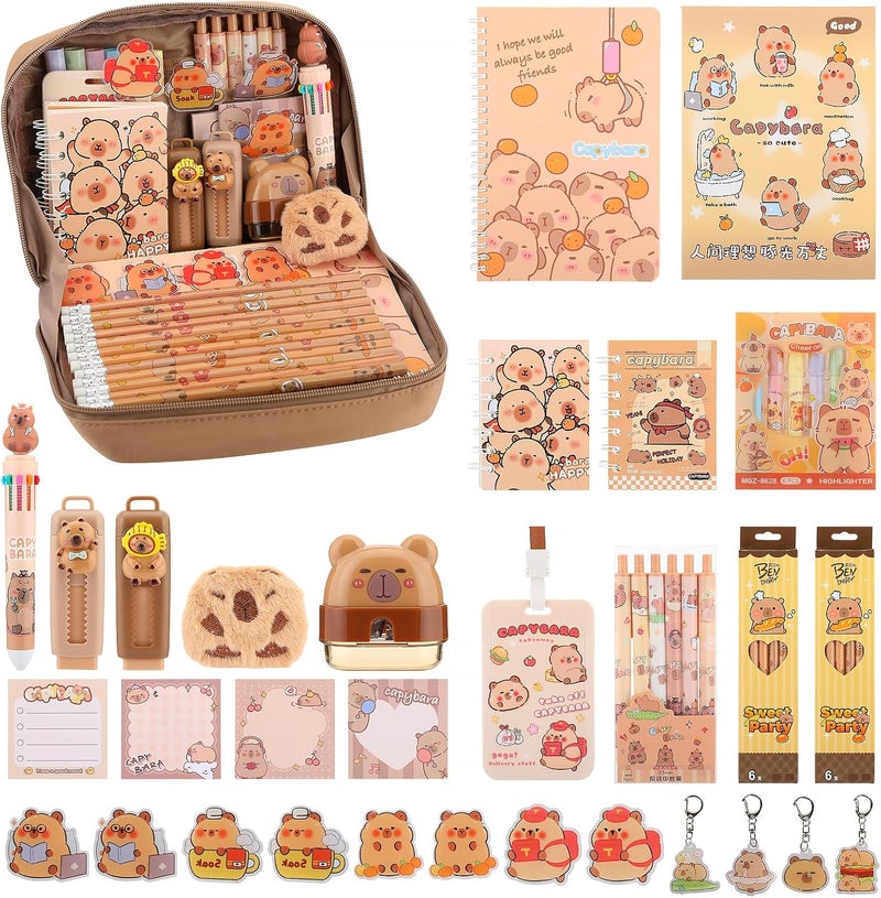 Lebaley Capybara Gifts - 27PCS Capybara Pencil Case，Capybara Stationery Set，Cute Back to School School Supplies，Pencil Bag include Gel Pens Pencil Sticky Notes Pins Notebook Card Holder Key Chain - Image 1